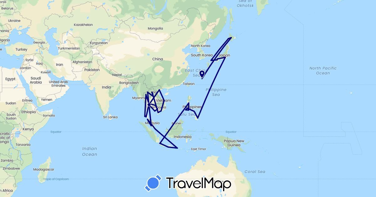 TravelMap itinerary: driving in Indonesia, Japan, Cambodia, Laos, Malaysia, Philippines, Singapore, Thailand, Vietnam (Asia)
